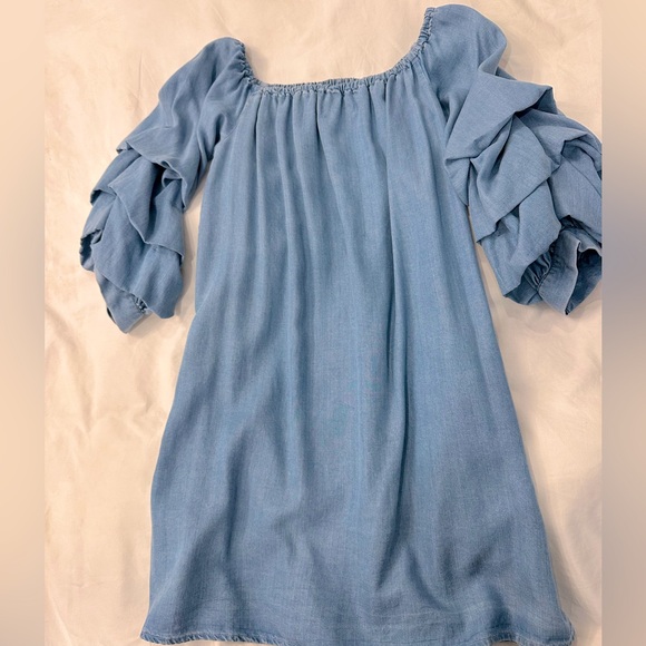 Zara off shoulder chambray denim tiered ruffle sleeve mini dress - Picture 4 of 8